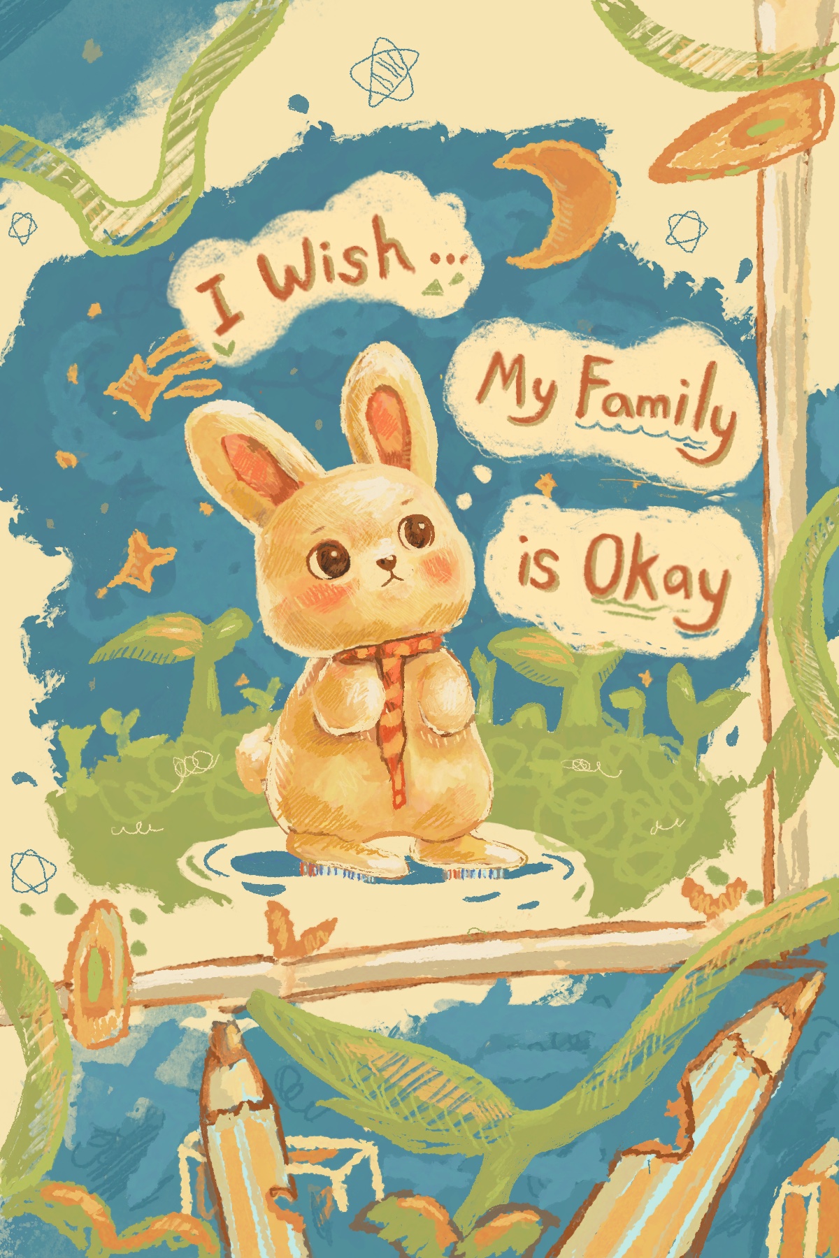 Storybook rabbit illustration with the words I wish my family is okay