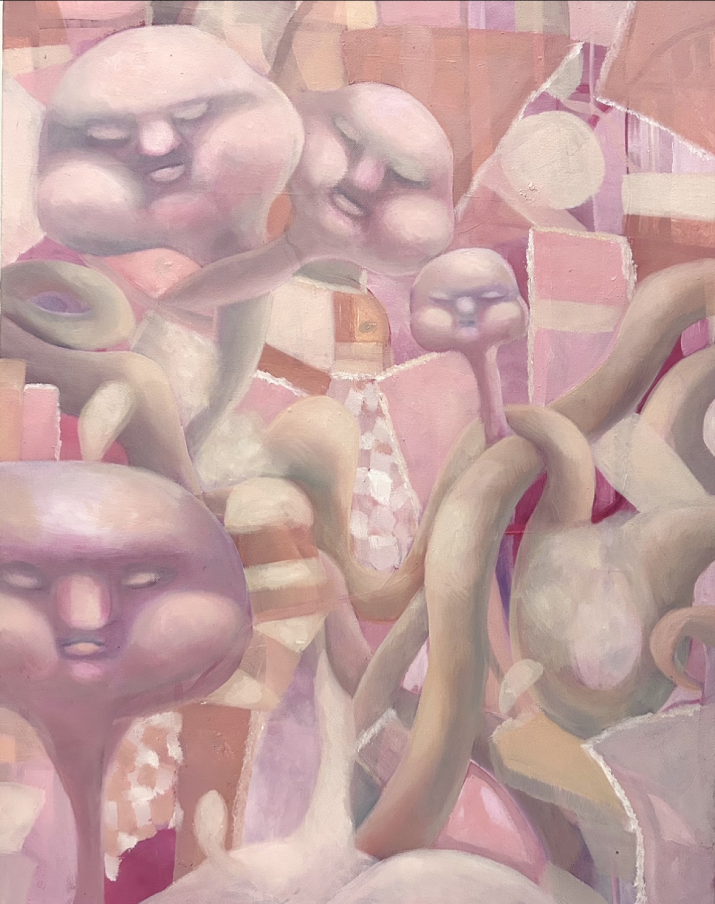 Pink figurative painting with clustered faces and looping organic forms