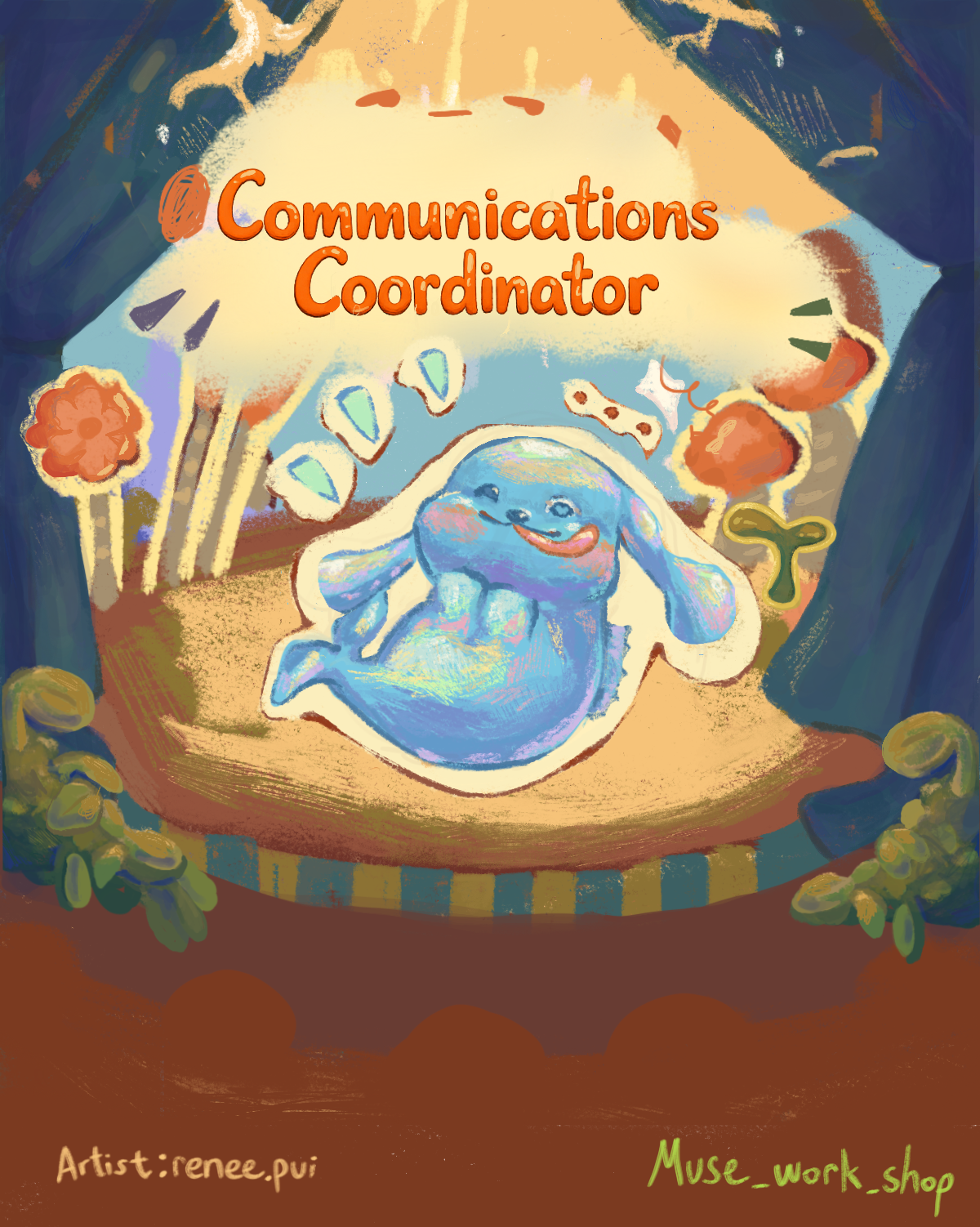 Whimsical blue character illustration for a communications coordinator role