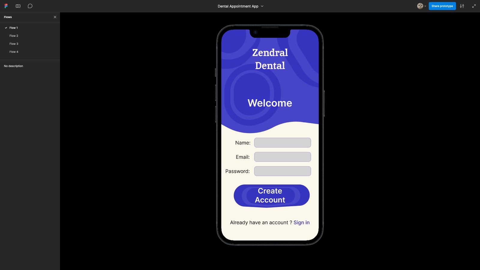 Dental appointment app account and registration screens