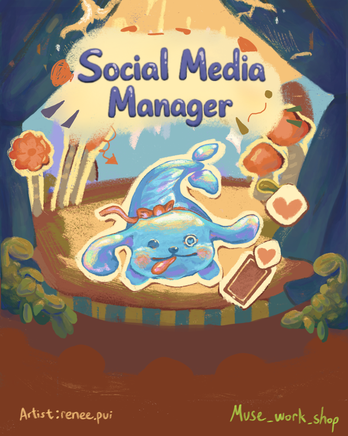 Whimsical blue creature illustration for a social media manager role